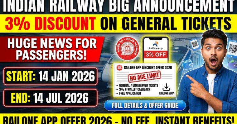 RailOne App Discount Offer 2026: Get 3% OFF on General Train Tickets